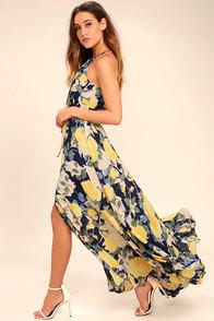 Lulus Precious Memories Navy Blue And Yellow Floral Print Maxi Dress
