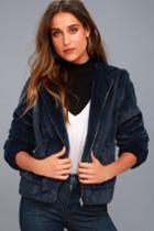 Lulus | Soft Spot Navy Blue Faux Fur Hoodie | Size Large | 100% Polyester