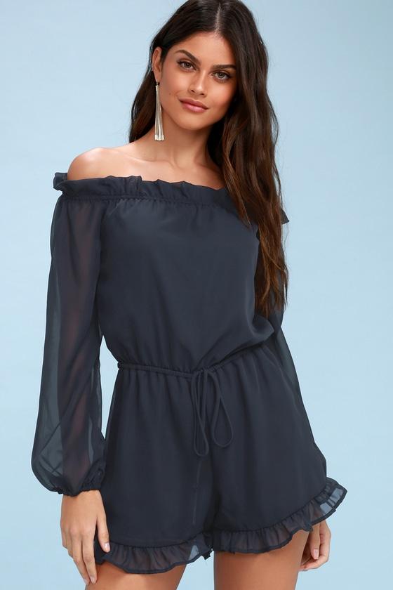 How's It Growing? Navy Blue Off-the-shoulder Romper | Lulus