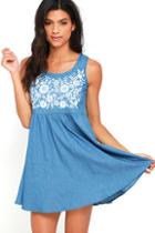 Lulus Mary Jane Embroidered Blue Chambray Dress