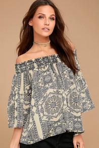 Lulus South Bay Cream Print Off-the-shoulder Top