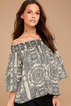 Lulus South Bay Cream Print Off-the-shoulder Top
