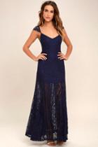Lulus | Evening Dreaming Navy Blue Lace Maxi Dress | Size Large | 100% Polyester