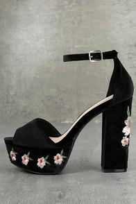 Qupid Abella Black Velvet Embroidered Platform Heels