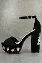 Qupid Abella Black Velvet Embroidered Platform Heels