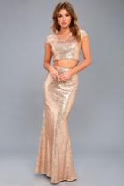 Lulus | Now And Forever Rose Gold Sequin Two-piece Maxi Dress | Size Large | Pink | 100% Polyester