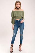 Lulus | Shy Sweetheart Olive Green Off-the-shoulder Crop Top | Size Large | 100% Rayon
