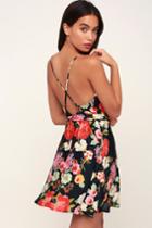 Here's My Heart Black Floral Print Satin Skater Dress | Lulus