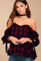 Lulus | Score Keeper Red And Navy Blue Plaid Off-the-shoulder Top | Size Medium | 100% Polyester