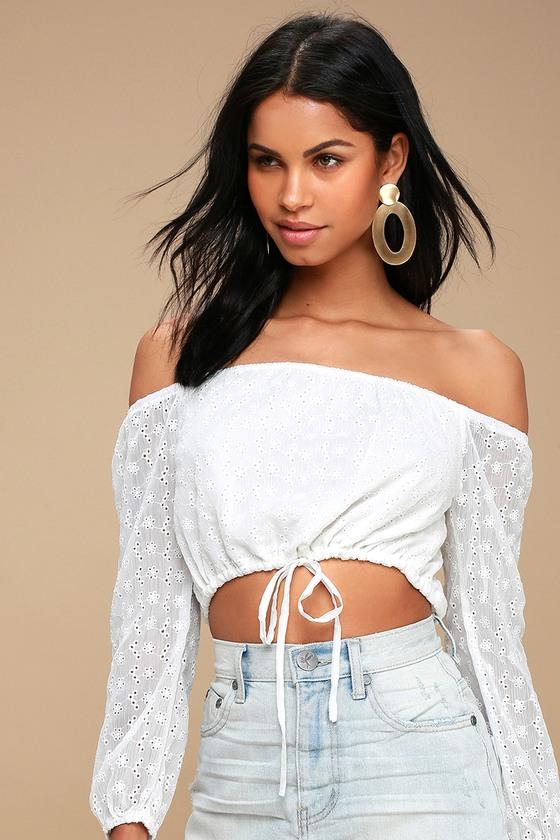 Rhodes White Eyelet Off-the-shoulder Crop Top | Lulus