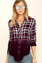 White Crow Open Arms Burgundy Plaid Button-up Top