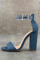 Liliana Cybele Denim Embroidered Ankle Strap Heels