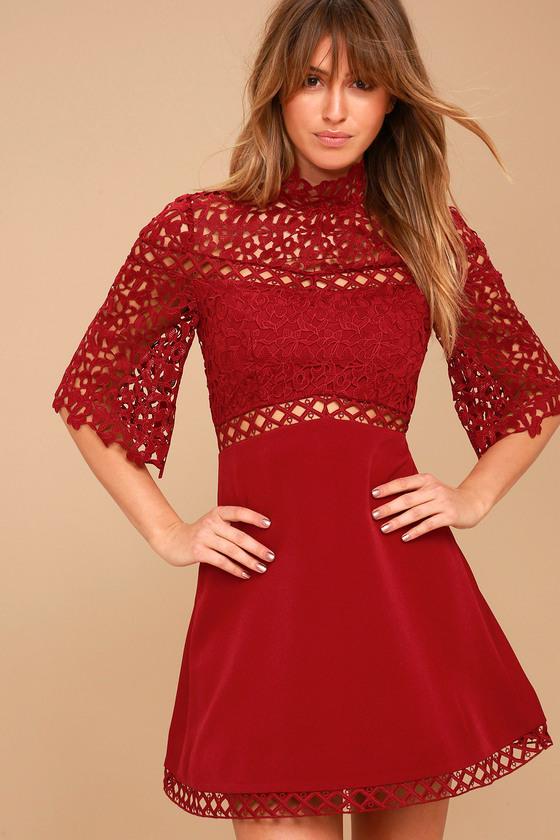 Keepsake | Uplifted Wine Red Lace Mini Dress | Size X-small | 100% Polyester | Lulus