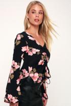 Lucy Love St. Germain Black Floral Print Ruched Front Long Sleeve Top | Lulus