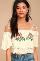 Lulus Above All Cream Embroidered Off-the-shoulder Crop Top