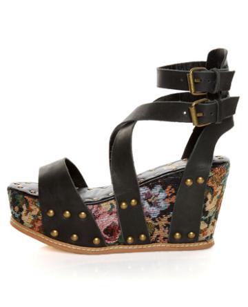 N.Y.L.A. Elayne Black Tapestry & Studs Platform Wedges