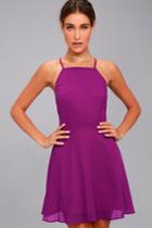 Lulus | Letter Of Love Magenta Backless Skater Dress | Size Large | Purple | 100% Polyester