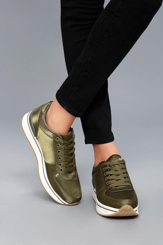 Qupid | Stacey Khaki Satin Sneakers | Size 6 | Green | Lulus