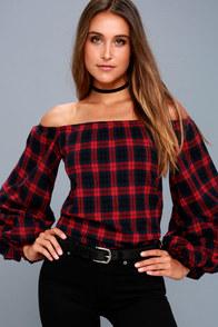 Ppla Tara Navy Blue And Red Plaid Flannel Off-the-shoulder Top