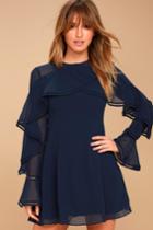 Keepsake | Night Lights Navy Blue Long Sleeve Skater Dress | Size Xx-small | 100% Polyester | Lulus