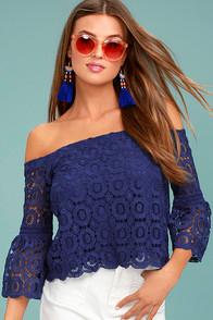Lulus Good Day Royal Blue Crochet Off-the-shoulder Top
