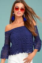 Lulus Good Day Royal Blue Crochet Off-the-shoulder Top