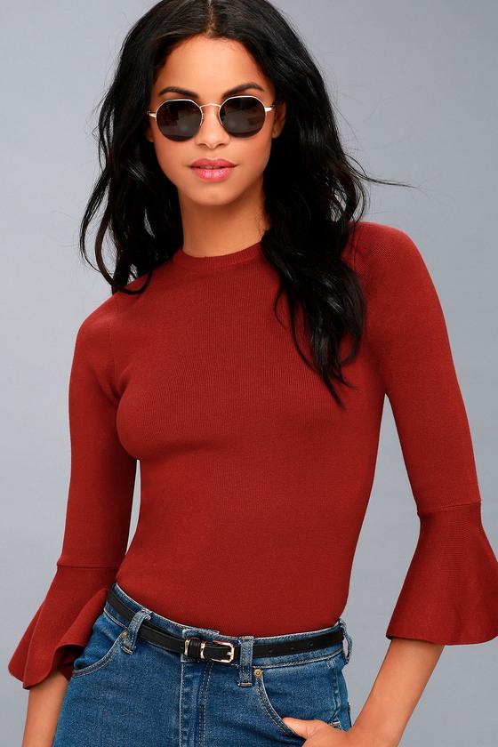 Lulus | On My Level Rust Red Flounce Sleeve Sweater Top | Size Large