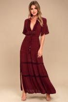 Lulus | Santa Fe Sway Burgundy Crochet Maxi Dress | Size Small | Red | 100% Rayon