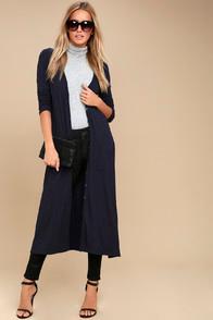 Lulus Graceful Ways Navy Blue Long Cardigan Sweater