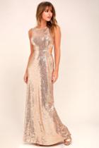 Lulus | Belle Etoile Rose Gold Sequin Maxi Dress | Size Large | Pink | 100% Polyester