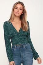Love Always Forest Green Polka Dot Long Sleeve Crop Top | Lulus