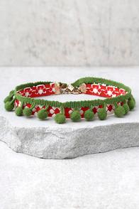 Lulus Mabel Red And Green Pom Pom Choker Necklace Set