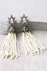 Lulus Faithfully Ivory Beaded Tassel Earrings