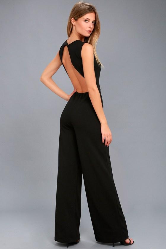 Lulus | Refine And Poise Black Backless Wide-leg Jumpsuit | Size Large