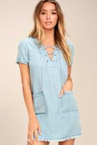 Lulus Awayday Blue Chambray Lace-up Shift Dress