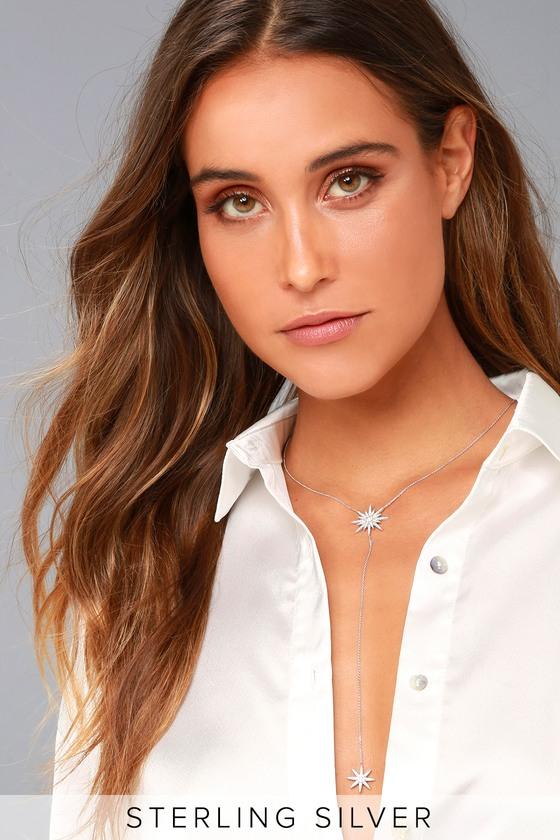Lulus | Guiding Light Sterling Silver Rhinestone Drop Necklace