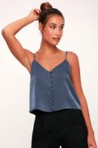 Elaine Washed Navy Blue Satin Button-up Cropped Tank Top | Lulus