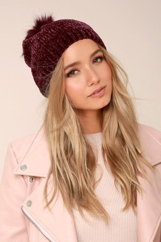 Lulus | Colorado Peak Burgundy Pom Pom Beanie | Purple | 100% Polyester