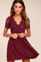 Lulus | Angel In Disguise Burgundy Lace Skater Dress | Size X-large | Purple | 100% Polyester