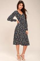 Woodland Wonderland Navy Blue Print Long Sleeve Midi Dress | Lulus