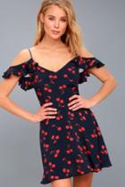Lucy Love | Meet The Fam Navy Blue Cherry Print Off-the-shoulder Dress | Lulus