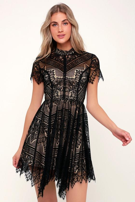 Ryse Katie Black And Nude Lace Short Sleeve Skater Dress | Lulus