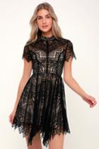 Ryse Katie Black And Nude Lace Short Sleeve Skater Dress | Lulus