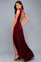 Lulus | In The Louvre Burgundy Velvet Backless Maxi Dress | Size Large | Red | 100% Polyester