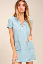 Lulus | Awayday Blue Chambray Lace-up Shift Dress | Size Large