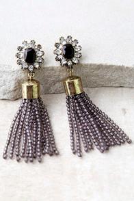 Lulus Silent Film Star Black And Grey Beaded Tassel Earrings