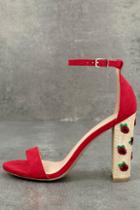 Wild Diva Lounge Fawna Red Suede Embroidered Ankle Strap Heels