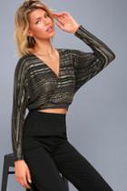 Lulus | Shimmer Town Black And Gold Striped Long Sleeve Crop Top
