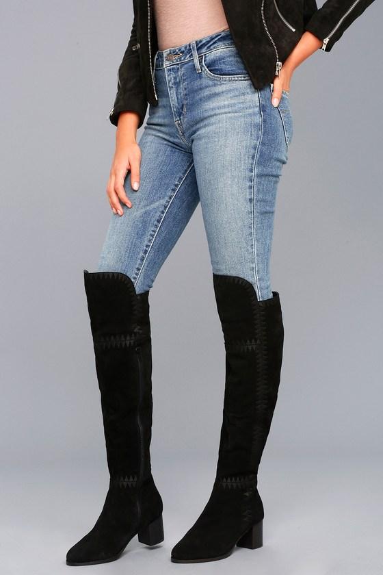 Coconuts | Moon Black Suede Leather Embroidered Over The Knee Boot | Size 6 | Lulus