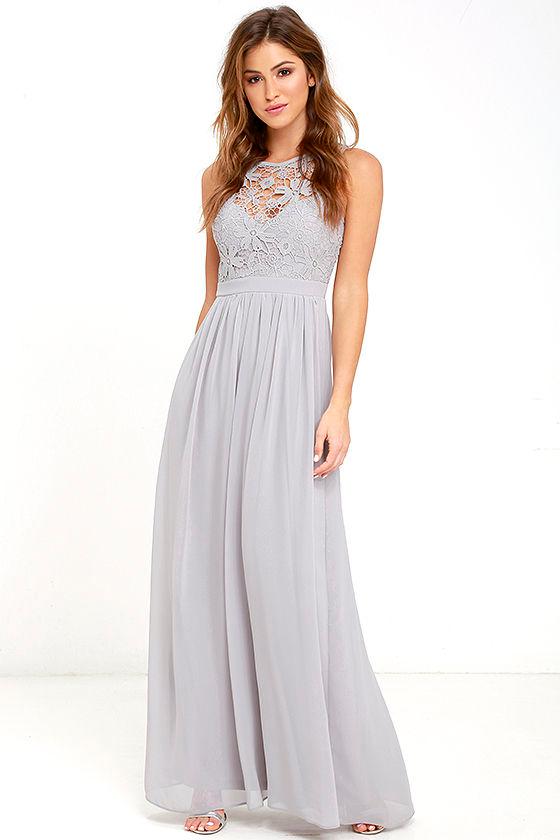 Lulus | So Far Gown Grey Lace Maxi Dress | Size Medium | 100% Polyester